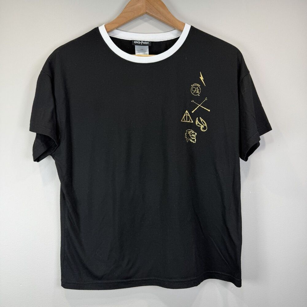 Harry Potter Women's Size L Gold Foil Gryffindor Symbols Black T-Shirt